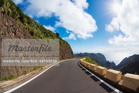 Mountain Pass Road with Sun, Teno Mountains, Masca, Tenerife, Canary Islands, Spain