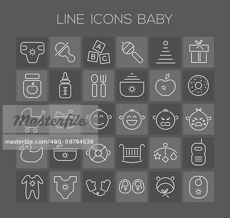 Trendy line icons - baby icons on dark