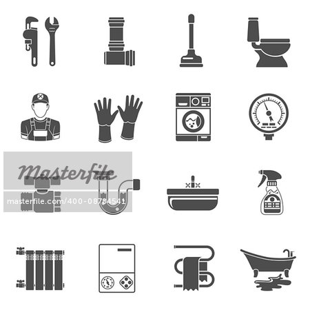 Plumbing Service Black Icons Set with Plumber, Device and Tools items. Isolated vector illustration.