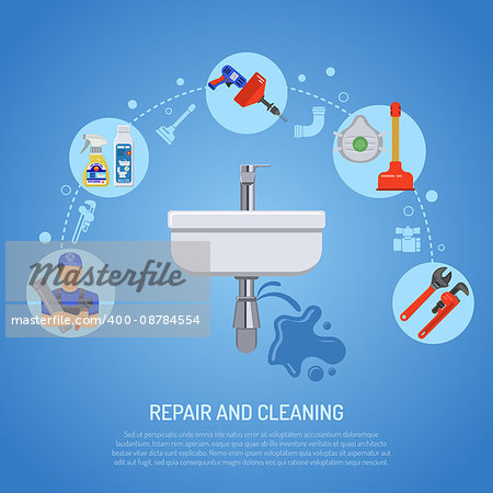 Plumbing Service Infographics Repair and Cleaning with Plumber, Tools and Device Flat Icons. Vector illustration.