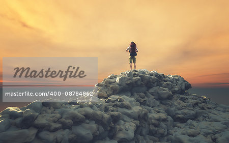 Young man tourist with backpack standing on a rock admiring the horizon. This is a 3d render illustration