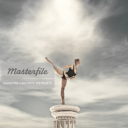 Ballerina standing on tiptoe above a column. This is a 3d render illustration