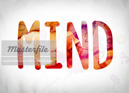 The word "Mind" written in watercolor washes over a white paper background concept and theme.