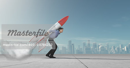 Business man holding jet pack rocket above the city concept. This is a 3d render illustration