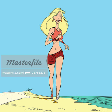 Athletic woman runs along the beach, hand drawn line art illustration. A healthy way of life. Beautiful blonde girl