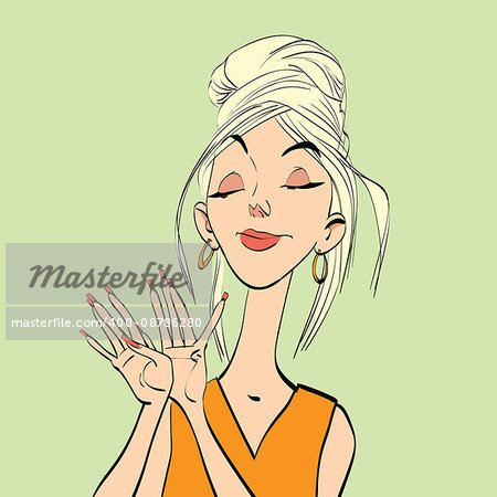 The manicure, young woman and beautiful nails, hand drawn line art illustration.