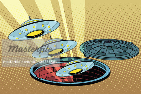 UFOs fly out of the sewers, pop art retro vector illustration