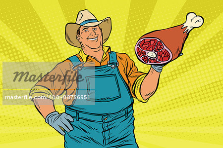 Rural retro farmer and meat leg, pop art retro vector illustration
