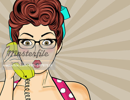 Pop art  woman chatting on retro phone  . Comic woman with speech bubble. Vector illustration.