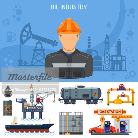 Oil industry Concept with Flat Icons extraction production and transportation oil and petrol with oilman, rig and barrels. vector illustration.