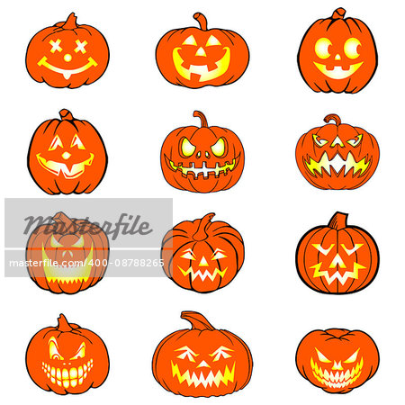Set of halloween pumpkins with different variations of facial emotions. Vector illustration