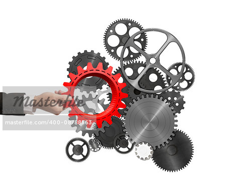Businessman builds a business system putting a gear in a mechanism