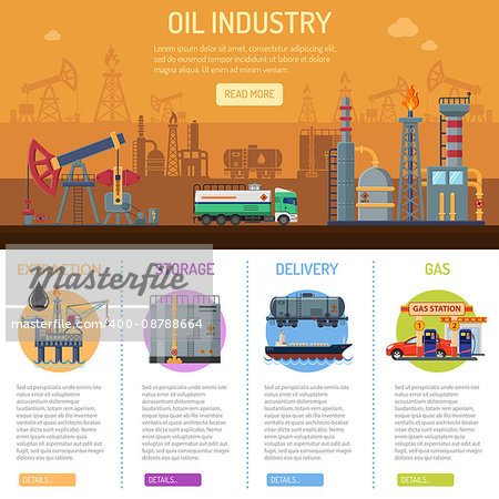 Oil industry Infographics with Flat Icons extraction refinery and transportation oil and petrol with oil pump, factory and tanker truck. vector illustration.