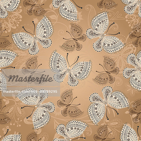 Seamless beige pattern with white and brown butterflies, vector