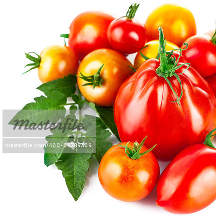 Fresh tomatoes with green leaves copyspace, Isolated on white background