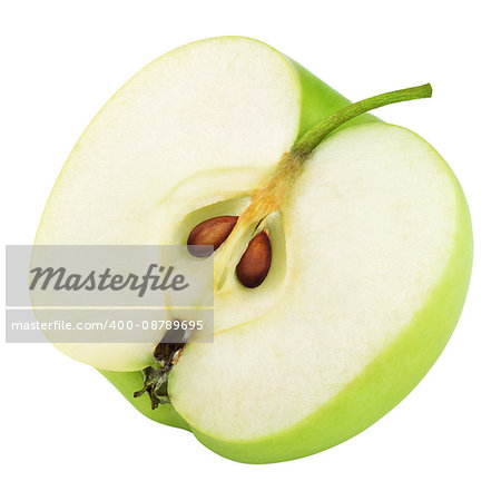 Closeup of green apple half isolated on white with clipping path
