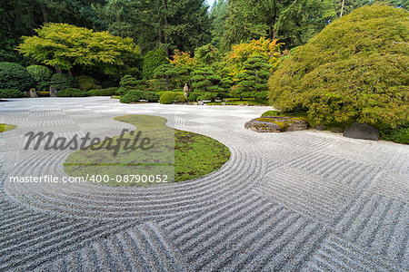 Japanese Flat Garden with Checkerboard pattern Pine Maple trees rocks and plants