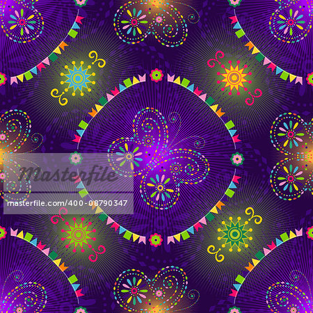 Bright seamless pattern with butterflies and colorful flags and glowing spots, vector