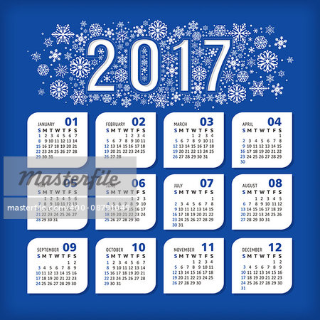 2017 blue calendar with stylized snowflakes. Vector illustration, eps 10