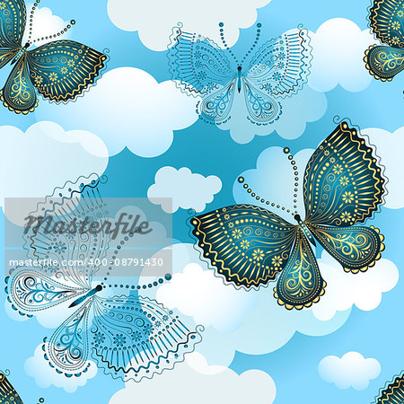 Seamless spring pattern with butterflies and translucent clouds in the sky, vector eps10