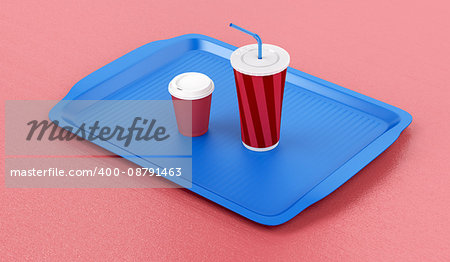 Plastic tray with coffee cup and soft drink on red table