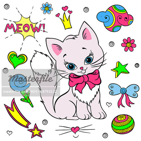 Vector collection of colorful stickers for girls. Kitty, flowers, bows, ball, stars, speech, hearth and clouds. Pretty set isolated on white