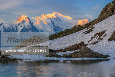 Mont Blanc massif in the French Alps. View from Lac Blanc