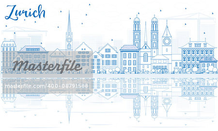 Outline Zurich Skyline with Blue Buildings and Reflection. Vector Illustration. Business Travel and Tourism Concept with Zurich Historic Architecture. Image for Presentation Banner Placard and Web.