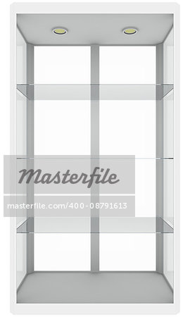 Empty glass showcase. Isolated on white. 3D illustration