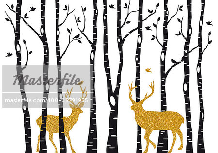 Christmas card with golden reindeer in birch trees forest on white backround, vector illustration