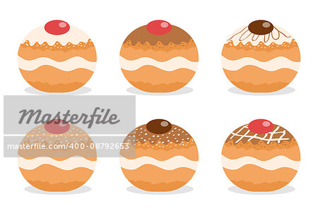 Sufganiyot set. Jewish donut set. Jewish traditional dessert on the holiday of Hanukkah. Vector illustration