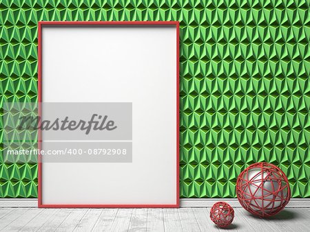 Blank picture frame and red sphere decor on green triangulated background. Mock up render illustration