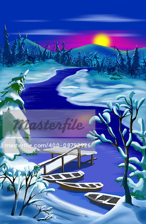 Idyllic Rural Landscape at Christmas Night with Boats near the Pier.  Outdoor New Year scene, handmade illustration  in a classic cartoon style.