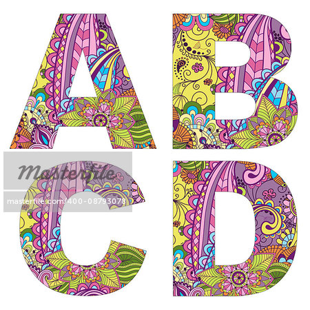 English alphabet with colorful vintage pattern in retro style, vector