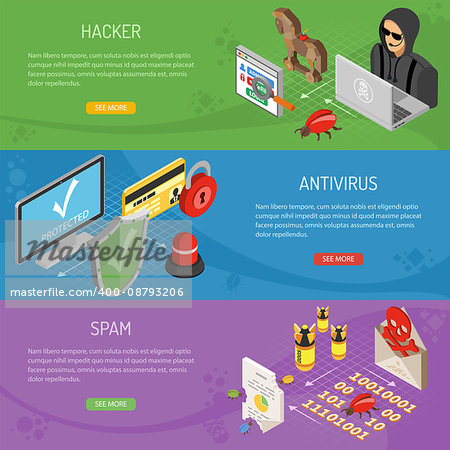 Internet security horizontal banners with isometric flat icons like hacker, virus, antivirus and spam. vector illustration.