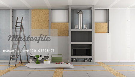 Renovation of an old house and fireplace paneling with drywall panels 3d rendering