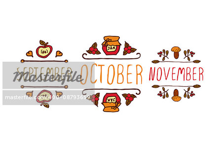 Hand drawn autumn elements with inscription december, october, november on white background