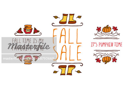 Hand drawn autumn elements with inscription fall is my favorite time, fall sale, it's pumpkin time on white background