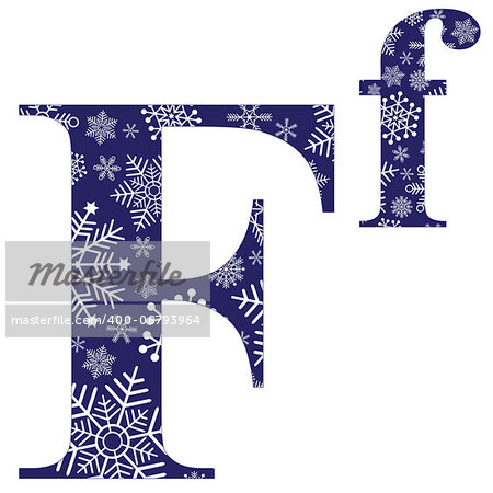 Uppercase and lowercase letters of the English alphabet F with winter pattern carved snowflakes, vector