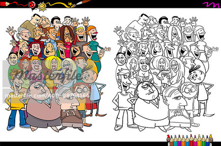 Cartoon Illustration of People in the Crowd Coloring Book Activity