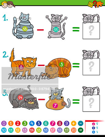 Cartoon Illustration of Educational Mathematical Subtraction Game for Children with Cat Characters
