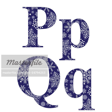 Uppercase and lowercase letters P and Q of the English alphabet with winter pattern carved snowflakes, vector