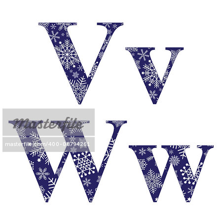 Uppercase and lowercase letters V and W of the English alphabet with winter pattern carved snowflakes, vector