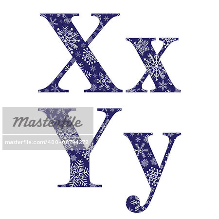 Uppercase and lowercase letters X and Y of the English alphabet with winter pattern carved snowflakes, vector