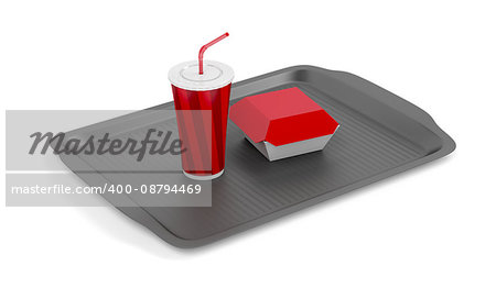 Plastic tray with soft drink and sandwich box on white background