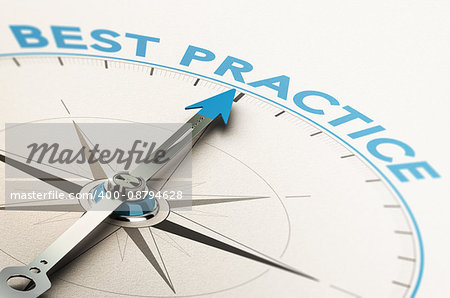 3D illustration of a compass with needle pointing the text best practice