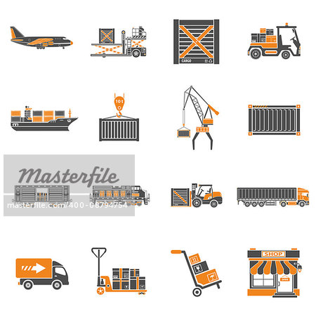 Cargo Transport, Packaging, shipping and logistics two color Icon Set such as Truck, air cargo, Train, Shipping. isolated vector illustration