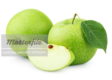 Ripe green apples with leaf and slice isolated on white background with clipping path