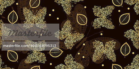 Dark brown seamless vintage pattern with golden tracery butterflies and leaves, vector