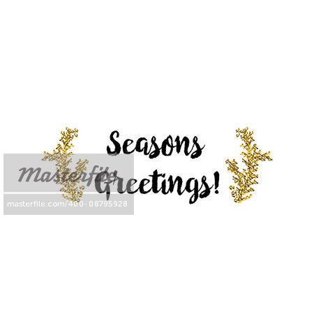 Christmas greeting card on white background with golden elements and text Seasons Greetings